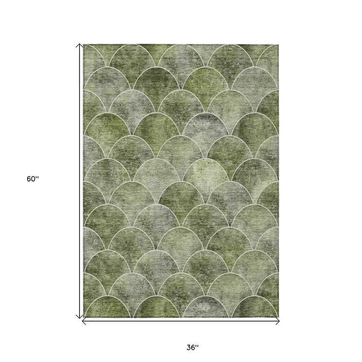 3' X 5' Green And Ivory Abstract Washable Indoor Outdoor Area Rug
