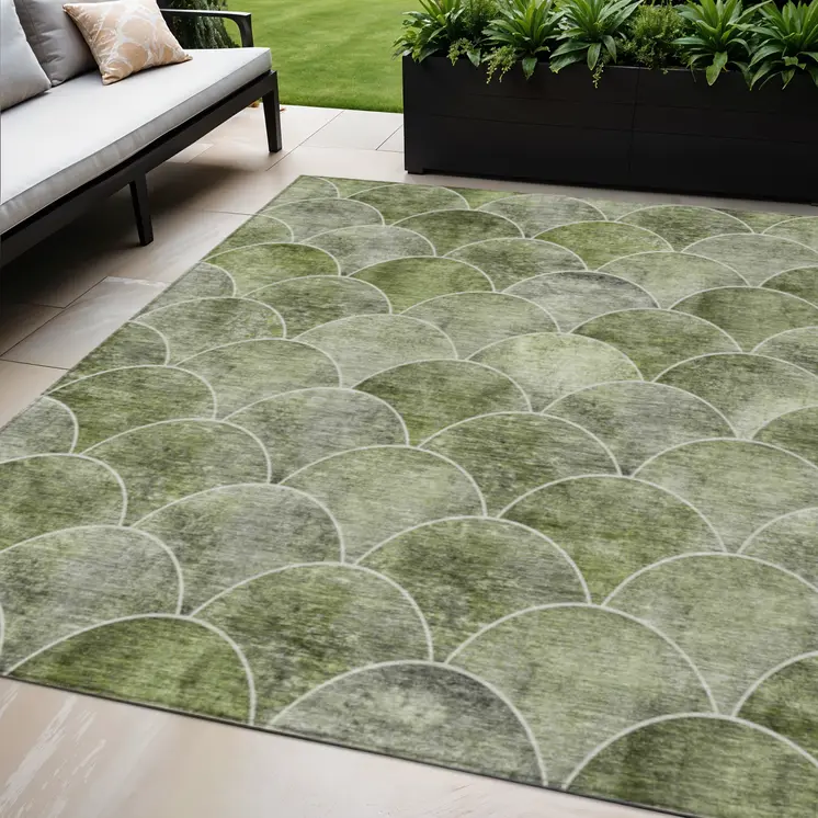 5' X 8' Green And Ivory Abstract Washable Indoor Outdoor Area Rug
