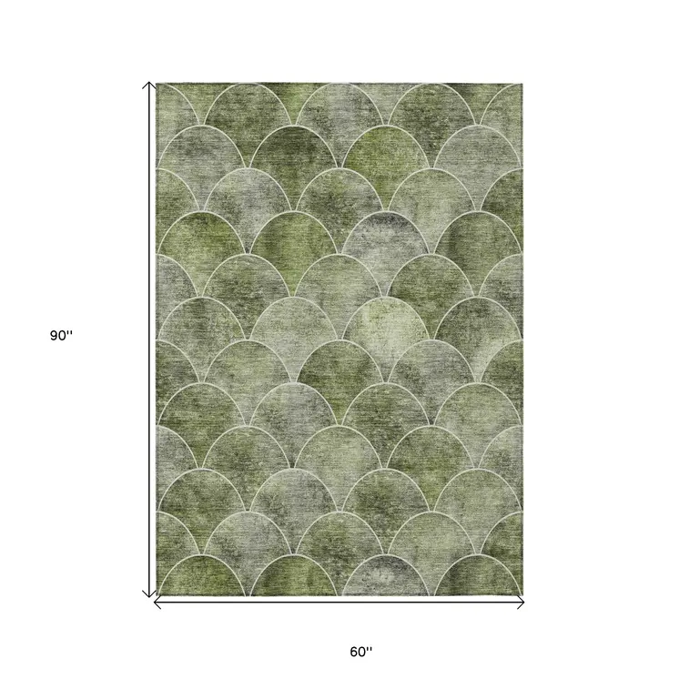5' X 8' Green And Ivory Abstract Washable Indoor Outdoor Area Rug