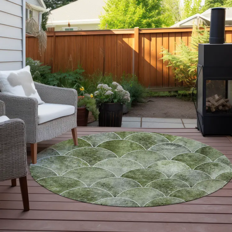 8' Green And Ivory Round Abstract Washable Indoor Outdoor Area Rug