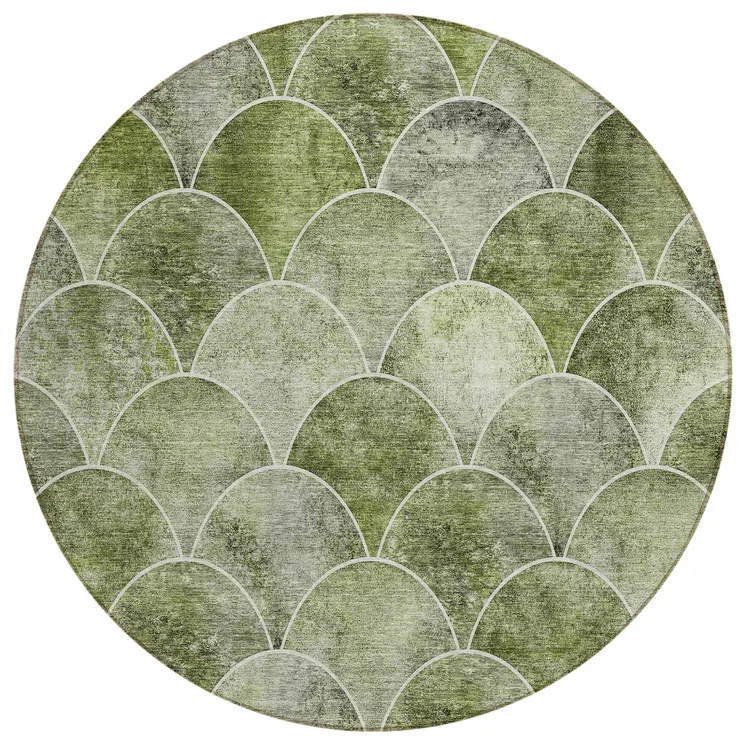 8' Green And Ivory Round Abstract Washable Indoor Outdoor Area Rug