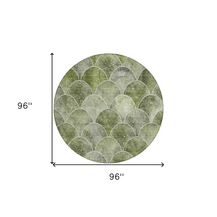 8' Green And Ivory Round Abstract Washable Indoor Outdoor Area Rug