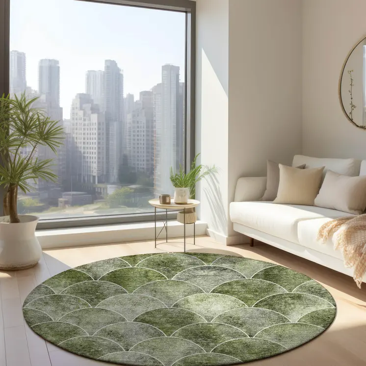 8' Green And Ivory Round Abstract Washable Indoor Outdoor Area Rug