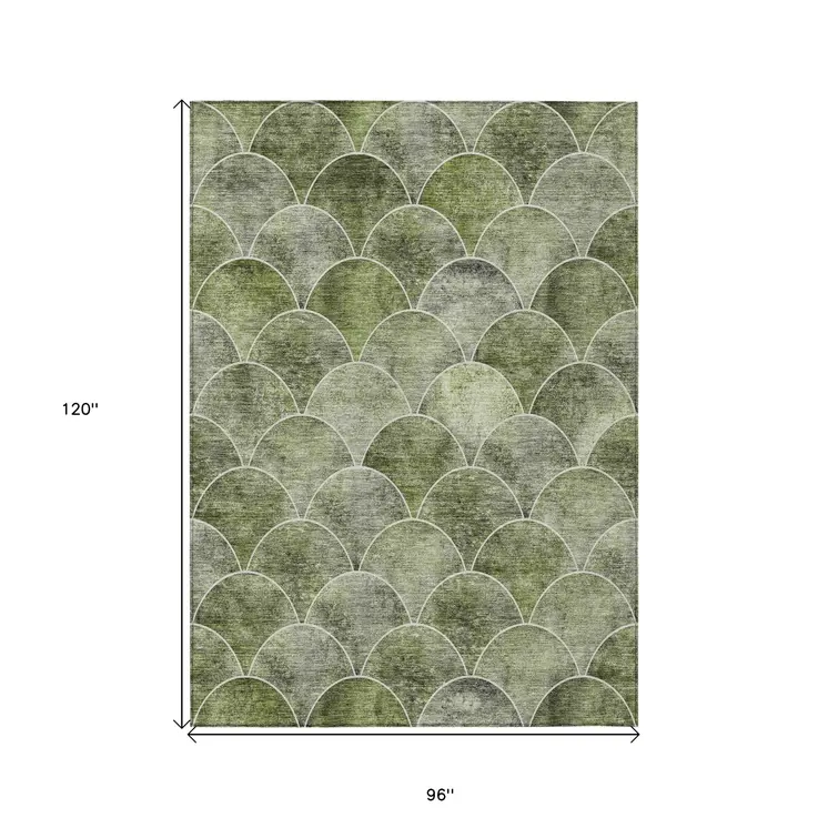 8' X 10' Green And Ivory Abstract Washable Indoor Outdoor Area Rug