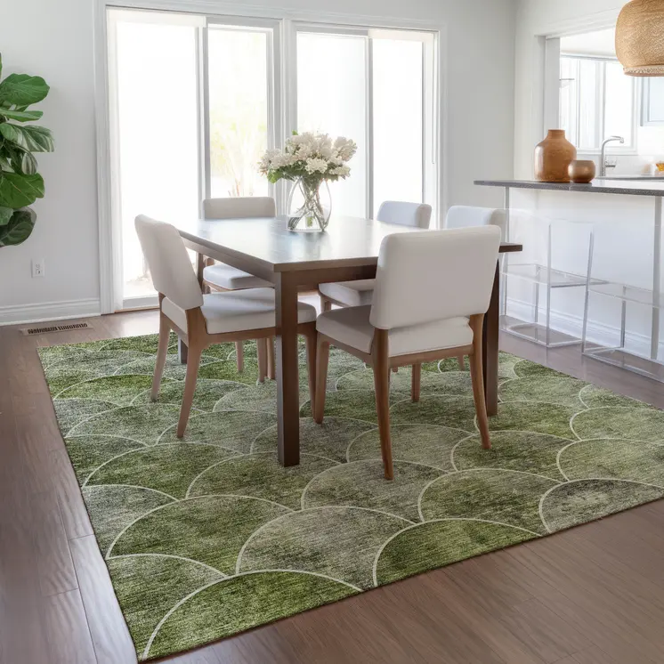 9' X 12' Green And Ivory Abstract Washable Indoor Outdoor Area Rug