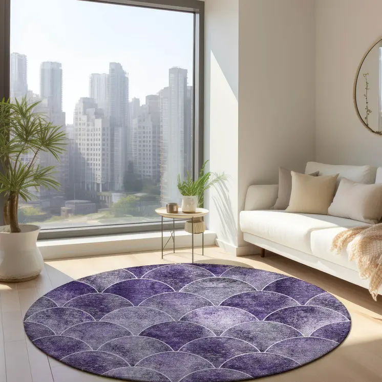 8' Purple Lilac And Lavender Round Abstract Washable Indoor Outdoor Area Rug