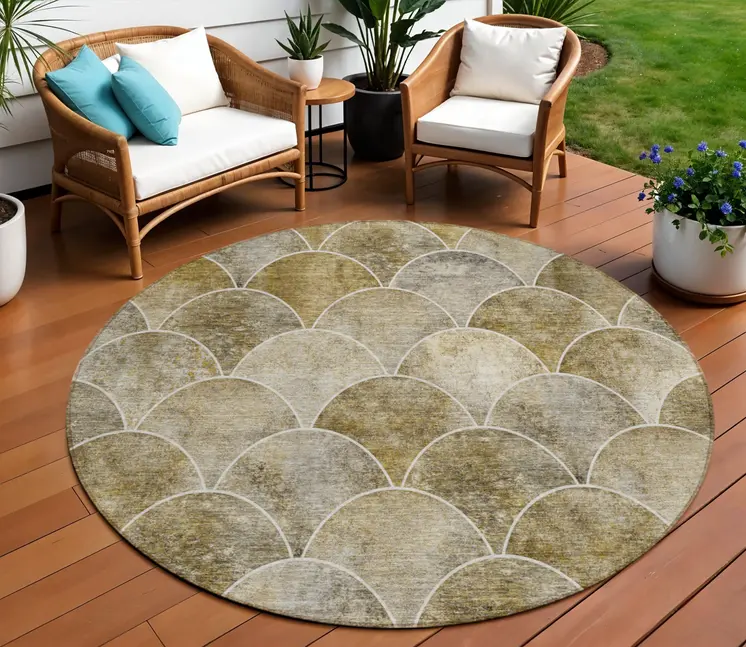 8' Taupe Beige And Gray Round Abstract Washable Indoor Outdoor Area Rug