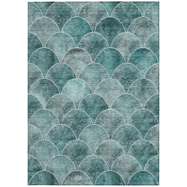 5' X 8' Teal Blue Aqua And Gray Abstract Washable Indoor Outdoor Area Rug