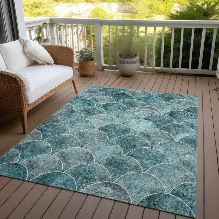 5' X 8' Teal Blue Aqua And Gray Abstract Washable Indoor Outdoor Area Rug