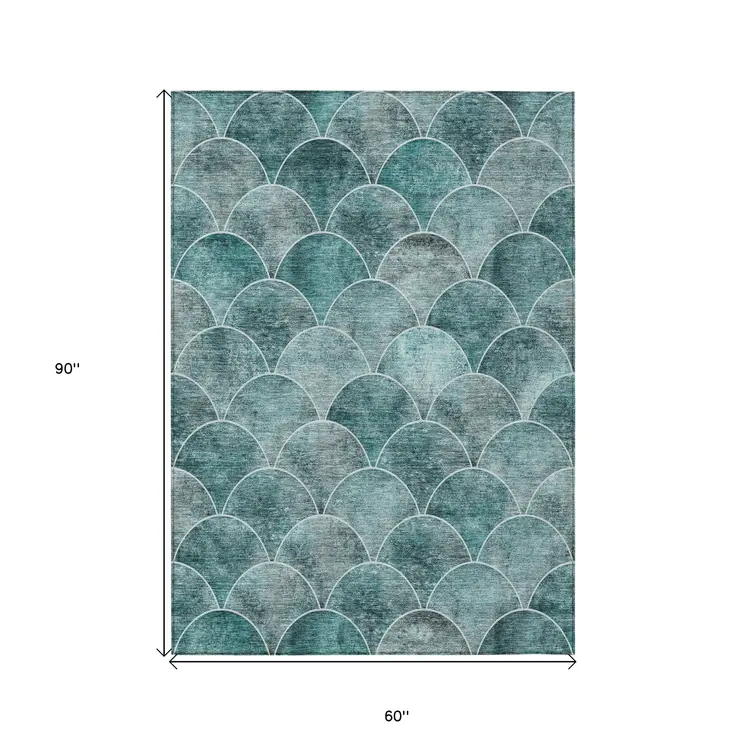 5' X 8' Teal Blue Aqua And Gray Abstract Washable Indoor Outdoor Area Rug