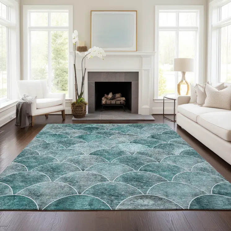 5' X 8' Teal Blue Aqua And Gray Abstract Washable Indoor Outdoor Area Rug