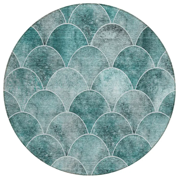8' Teal Blue Aqua And Gray Round Abstract Washable Indoor Outdoor Area Rug