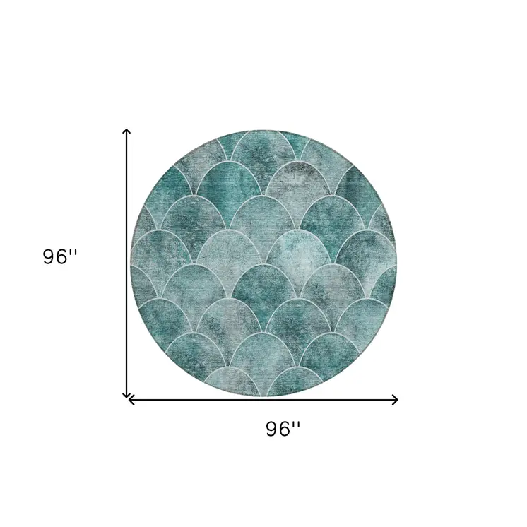 8' Teal Blue Aqua And Gray Round Abstract Washable Indoor Outdoor Area Rug