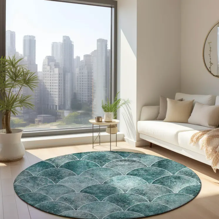 8' Teal Blue Aqua And Gray Round Abstract Washable Indoor Outdoor Area Rug