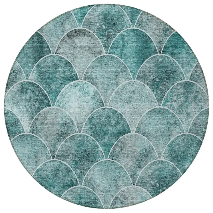 8' Teal Blue Aqua And Gray Round Abstract Washable Indoor Outdoor Area Rug