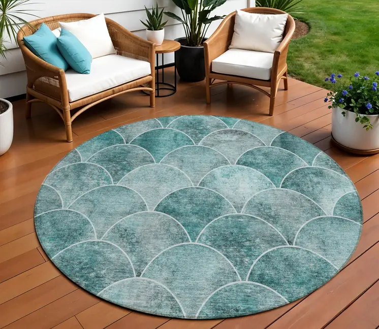 8' Teal Blue Aqua And Gray Round Abstract Washable Indoor Outdoor Area Rug