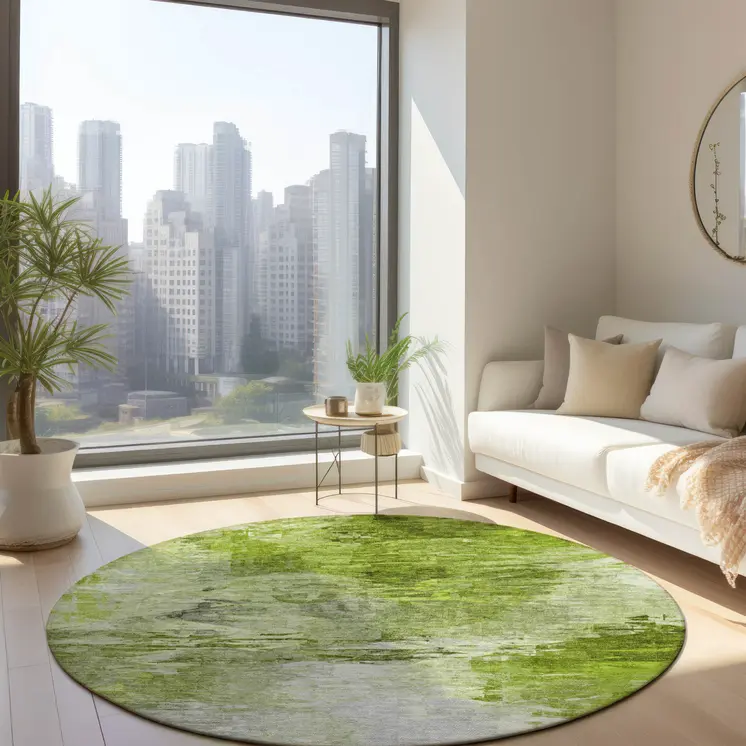 8' Artichoke Green And Lime Green Round Abstract Washable Indoor Outdoor Area Rug
