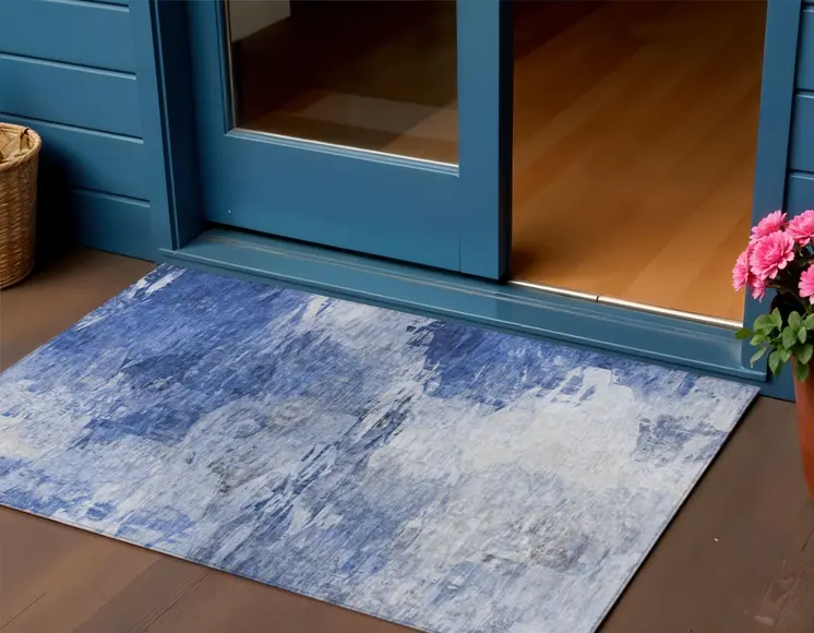 3' X 5' Denim Blue And Sky Blue Abstract Washable Indoor Outdoor Area Rug
