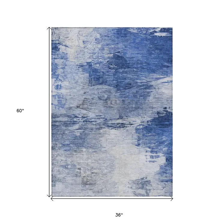 3' X 5' Denim Blue And Sky Blue Abstract Washable Indoor Outdoor Area Rug