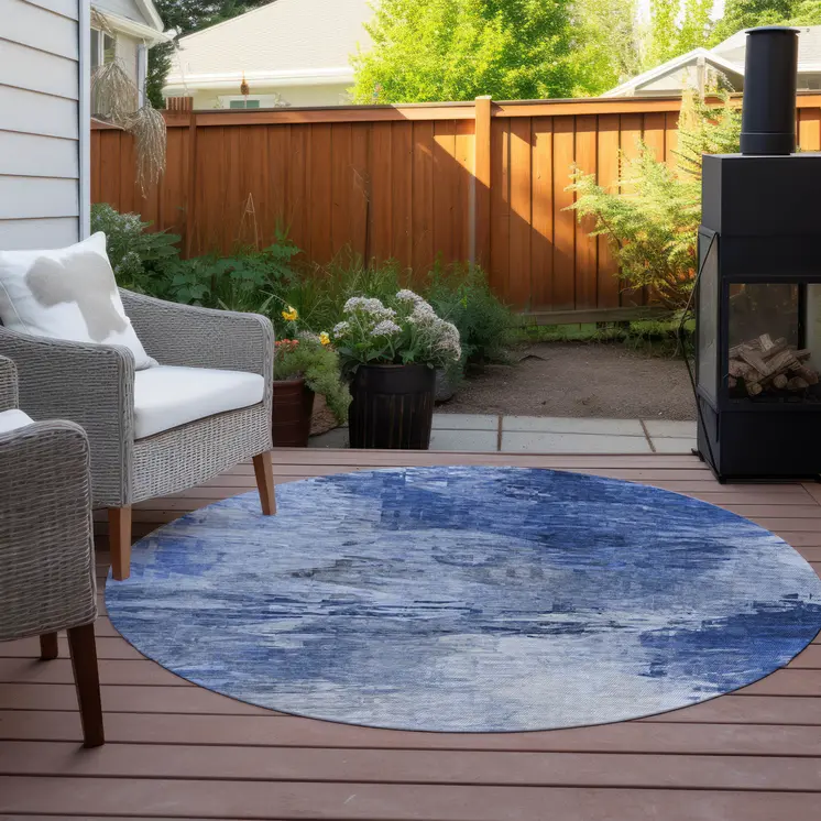 8' Denim Blue And Sky Blue Round Abstract Washable Indoor Outdoor Area Rug
