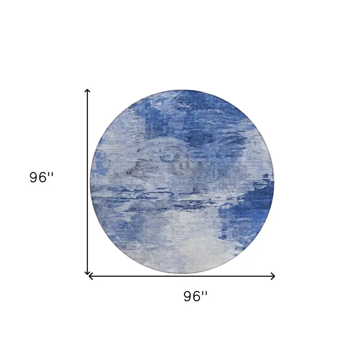 8' Denim Blue And Sky Blue Round Abstract Washable Indoor Outdoor Area Rug