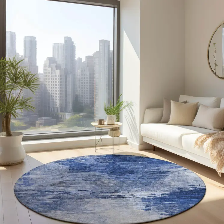 8' Denim Blue And Sky Blue Round Abstract Washable Indoor Outdoor Area Rug