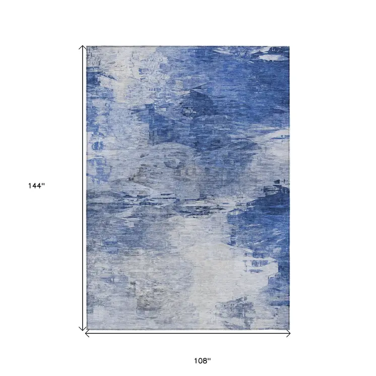 9' X 12' Denim Blue And Sky Blue Abstract Washable Indoor Outdoor Area Rug