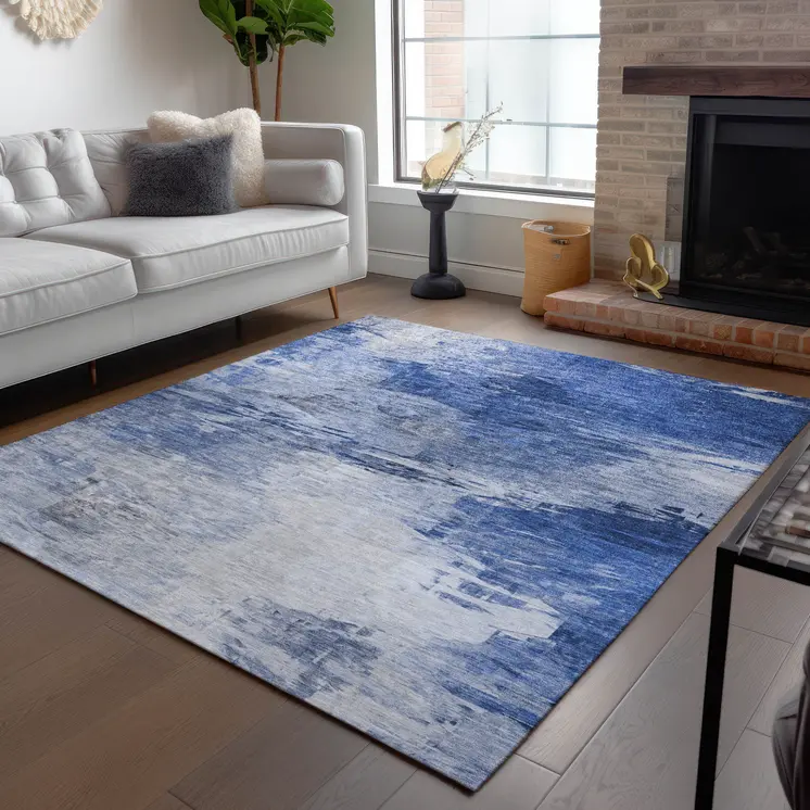 10' X 14' Denim Blue And Sky Blue Abstract Washable Indoor Outdoor Area Rug