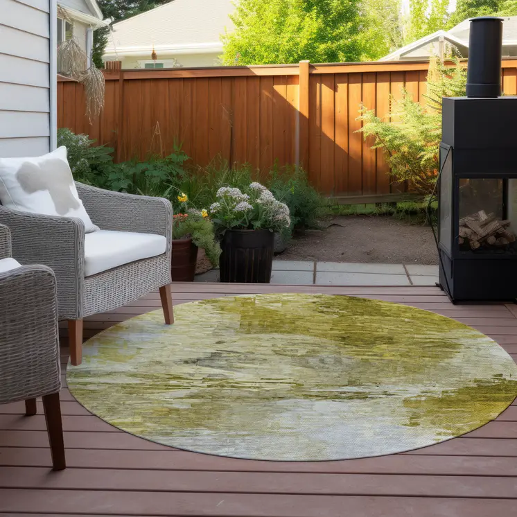 8' Gold Beige And Wheat Round Abstract Washable Indoor Outdoor Area Rug