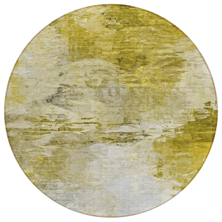 8' Gold Beige And Wheat Round Abstract Washable Indoor Outdoor Area Rug