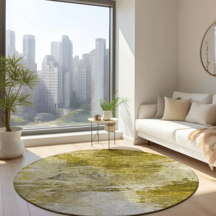 8' Gold Beige And Wheat Round Abstract Washable Indoor Outdoor Area Rug