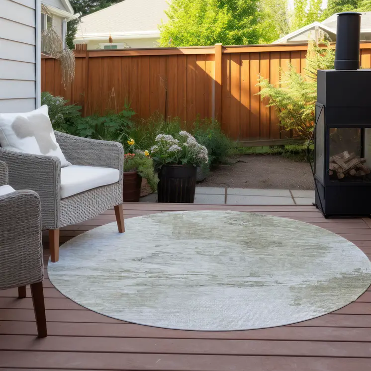 8' Ivory Beige And Taupe Round Abstract Washable Indoor Outdoor Area Rug