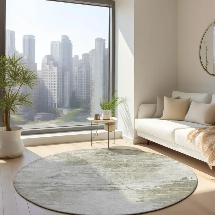8' Ivory Beige And Taupe Round Abstract Washable Indoor Outdoor Area Rug