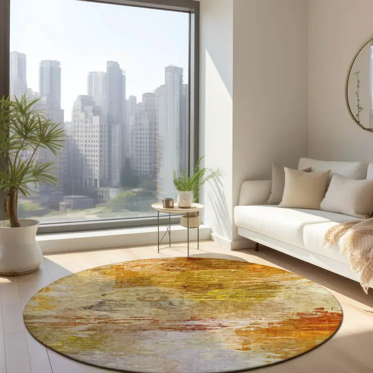 8' Orange Copper And Terra Cotta Round Abstract Washable Indoor Outdoor Area Rug