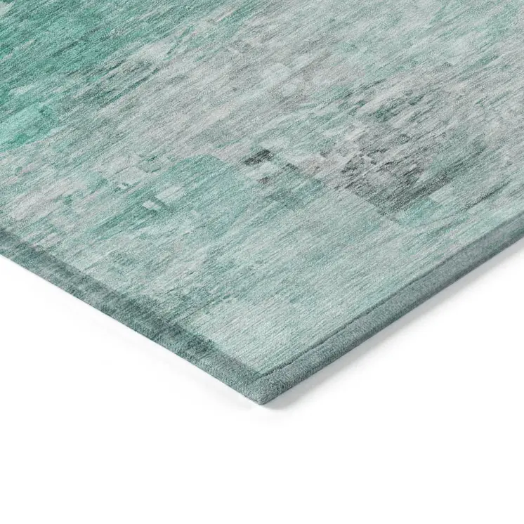 3' X 5' Teal Blue Aqua And Silver Abstract Washable Indoor Outdoor Area Rug