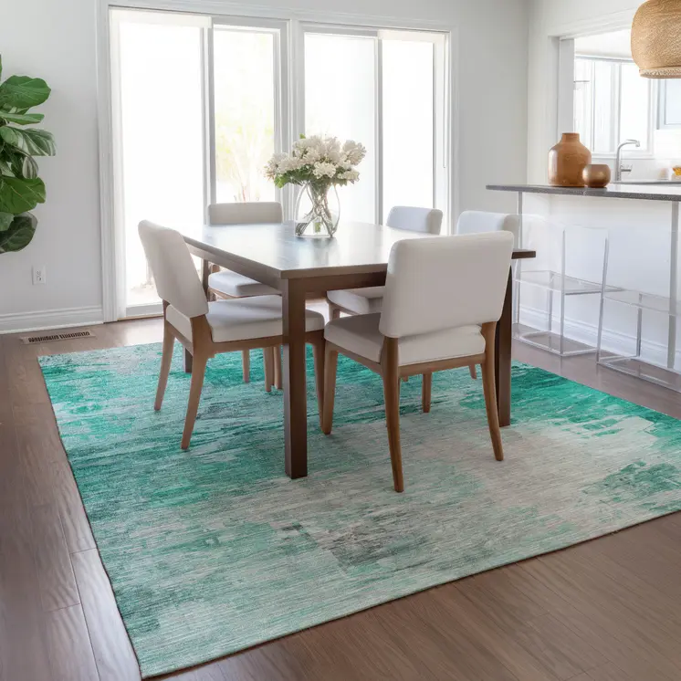 3' X 5' Teal Blue Aqua And Silver Abstract Washable Indoor Outdoor Area Rug