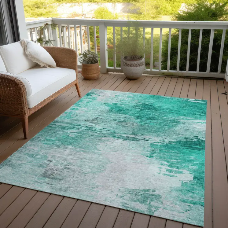 3' X 5' Teal Blue Aqua And Silver Abstract Washable Indoor Outdoor Area Rug