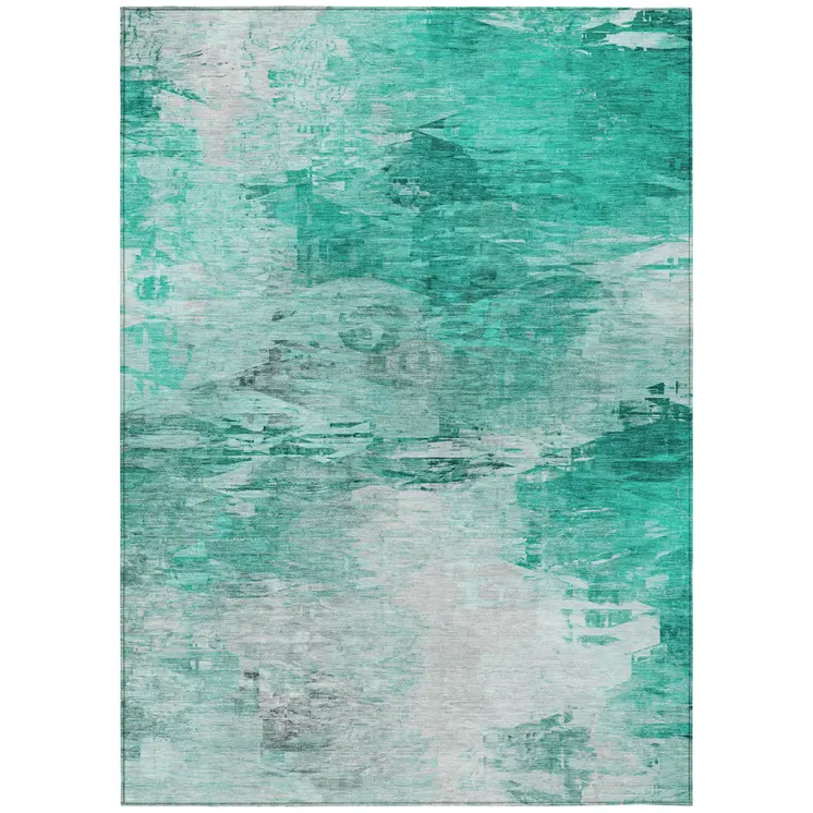 5' X 8' Teal Blue Aqua And Silver Abstract Washable Indoor Outdoor Area Rug