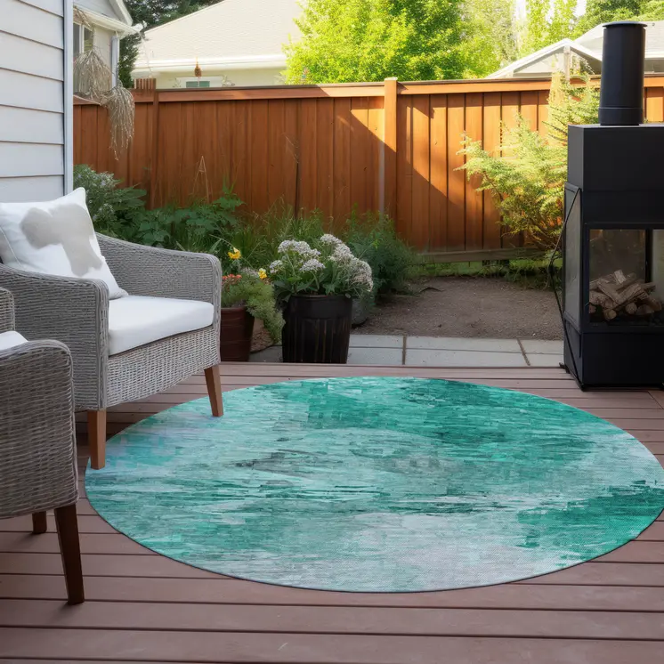 8' Teal Blue Aqua And Silver Round Abstract Washable Indoor Outdoor Area Rug