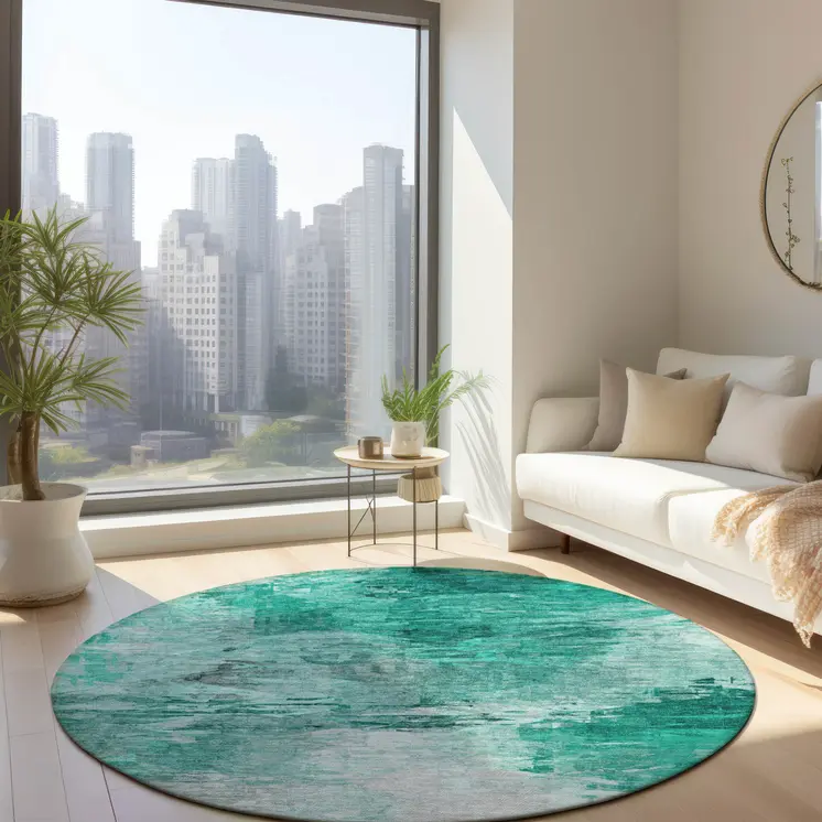 8' Teal Blue Aqua And Silver Round Abstract Washable Indoor Outdoor Area Rug
