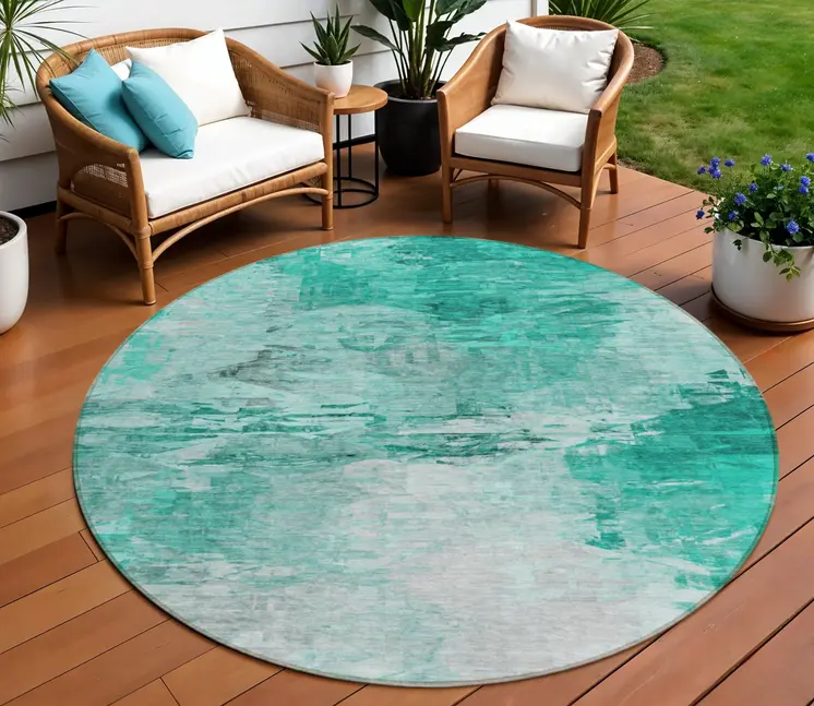 8' Teal Blue Aqua And Silver Round Abstract Washable Indoor Outdoor Area Rug