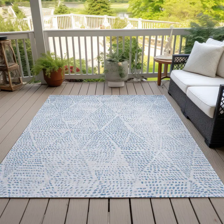 3' X 5' Denim Blue Ivory And Gray Geometric Washable Indoor Outdoor Area Rug