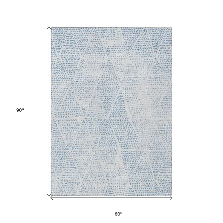 5' X 8' Denim Blue Ivory And Gray Geometric Washable Indoor Outdoor Area Rug