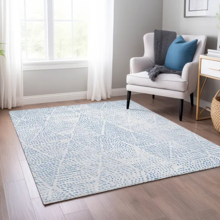 9' X 12' Denim Blue Ivory And Gray Geometric Washable Indoor Outdoor Area Rug