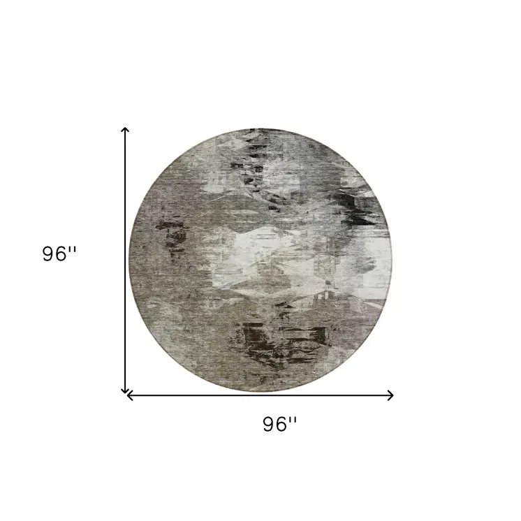 8' Taupe Beige And Ivory Round Abstract Washable Indoor Outdoor Area Rug