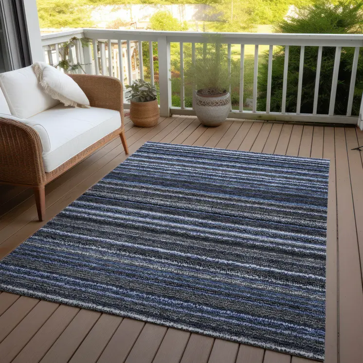 3' X 5' Denim Blue And Gray Striped Washable Indoor Outdoor Area Rug