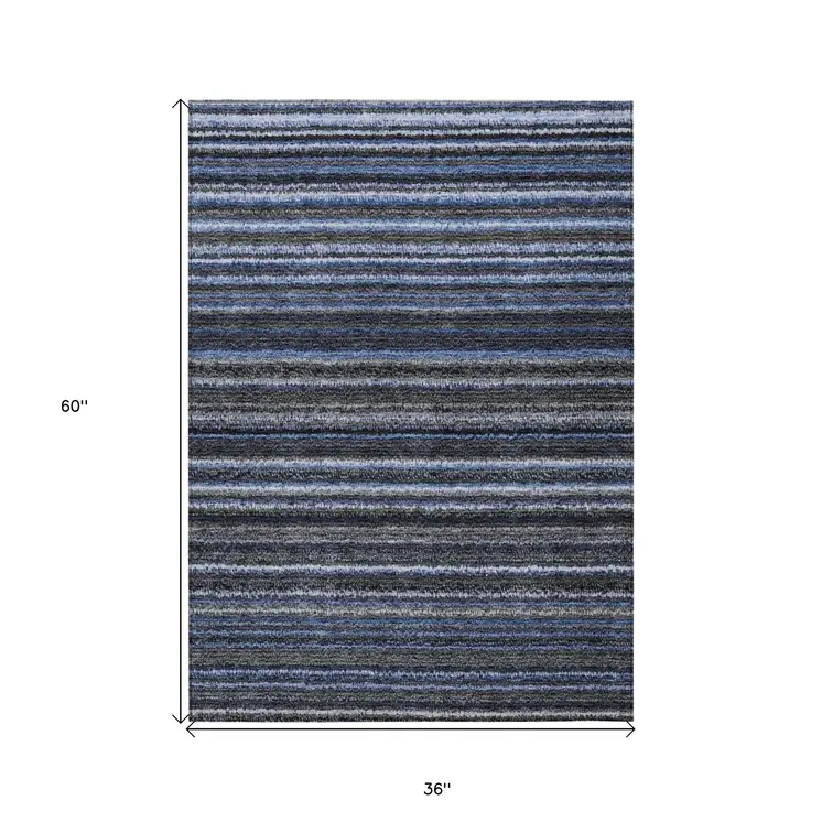 3' X 5' Denim Blue And Gray Striped Washable Indoor Outdoor Area Rug