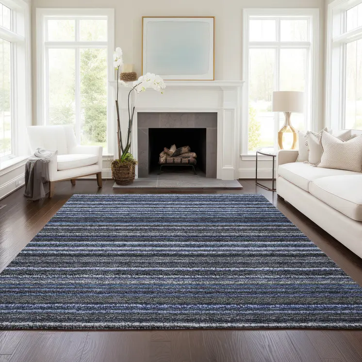 3' X 5' Denim Blue And Gray Striped Washable Indoor Outdoor Area Rug
