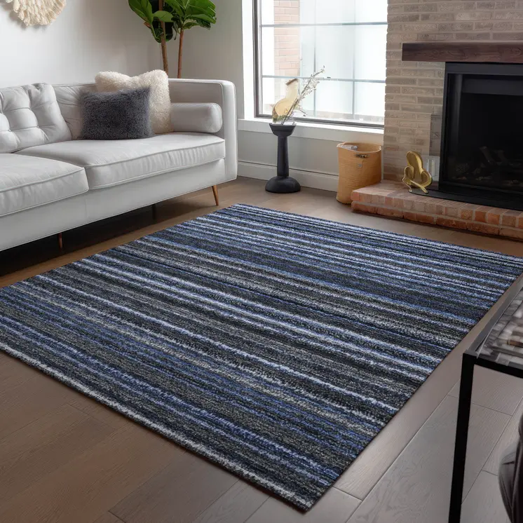 3' X 5' Denim Blue And Gray Striped Washable Indoor Outdoor Area Rug
