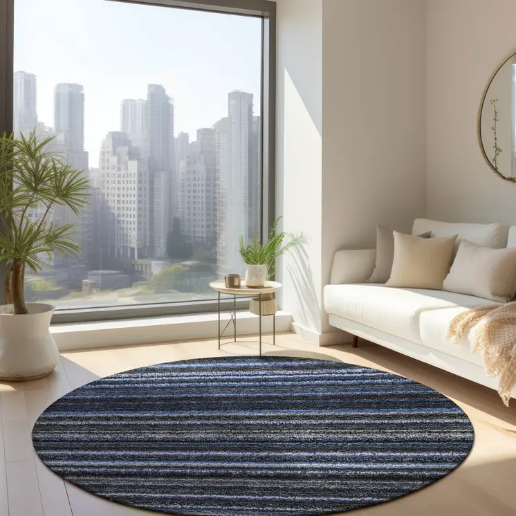 8' Denim Blue And Gray Round Striped Washable Indoor Outdoor Area Rug